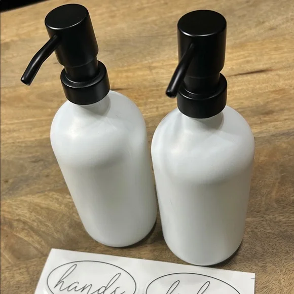 White glass Soap Dispenser Set with Black Pumps and labels - Picture 6 of 16